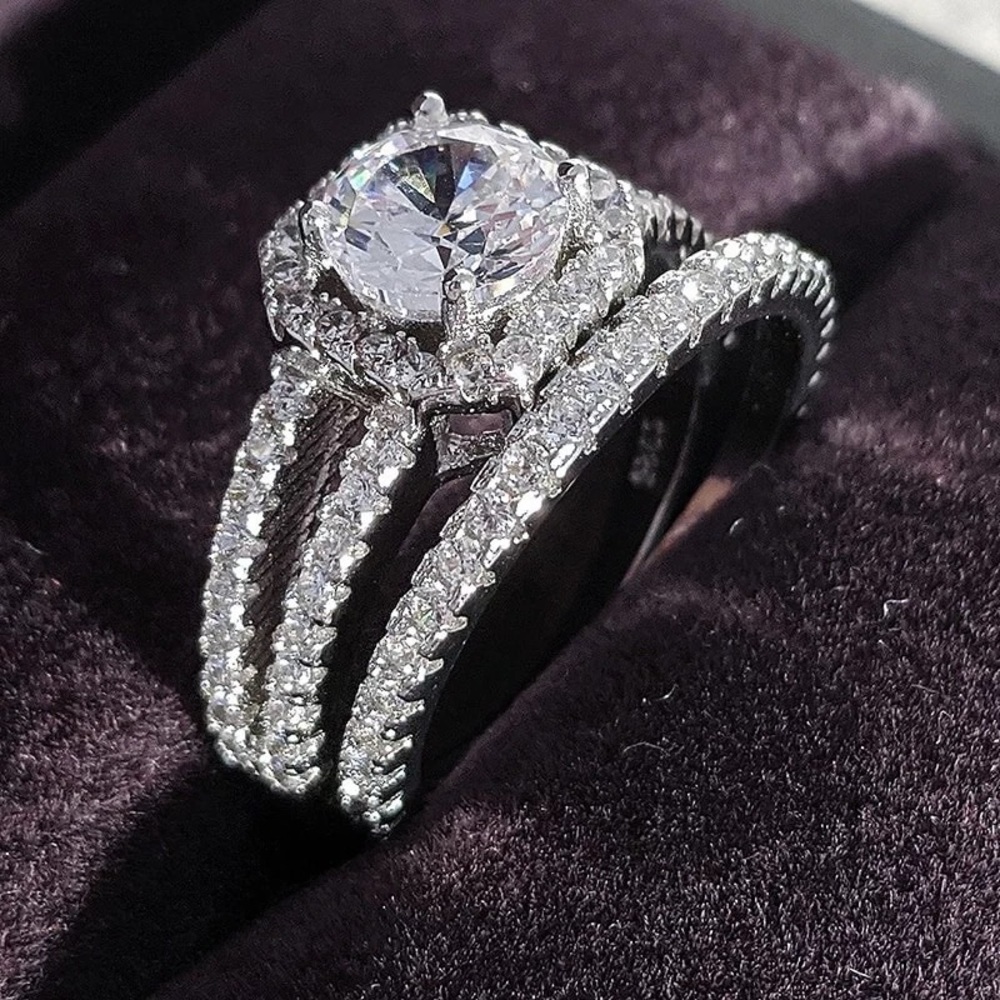 New 925 Silver 2 pc Set Promised Bridal Wedding Diamond Ring - Picture 4 of 6